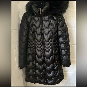GALLERY NEW YORK Black PUFFY ZIP UP HOODED JACKET SIZE Small Faux Fur Hood